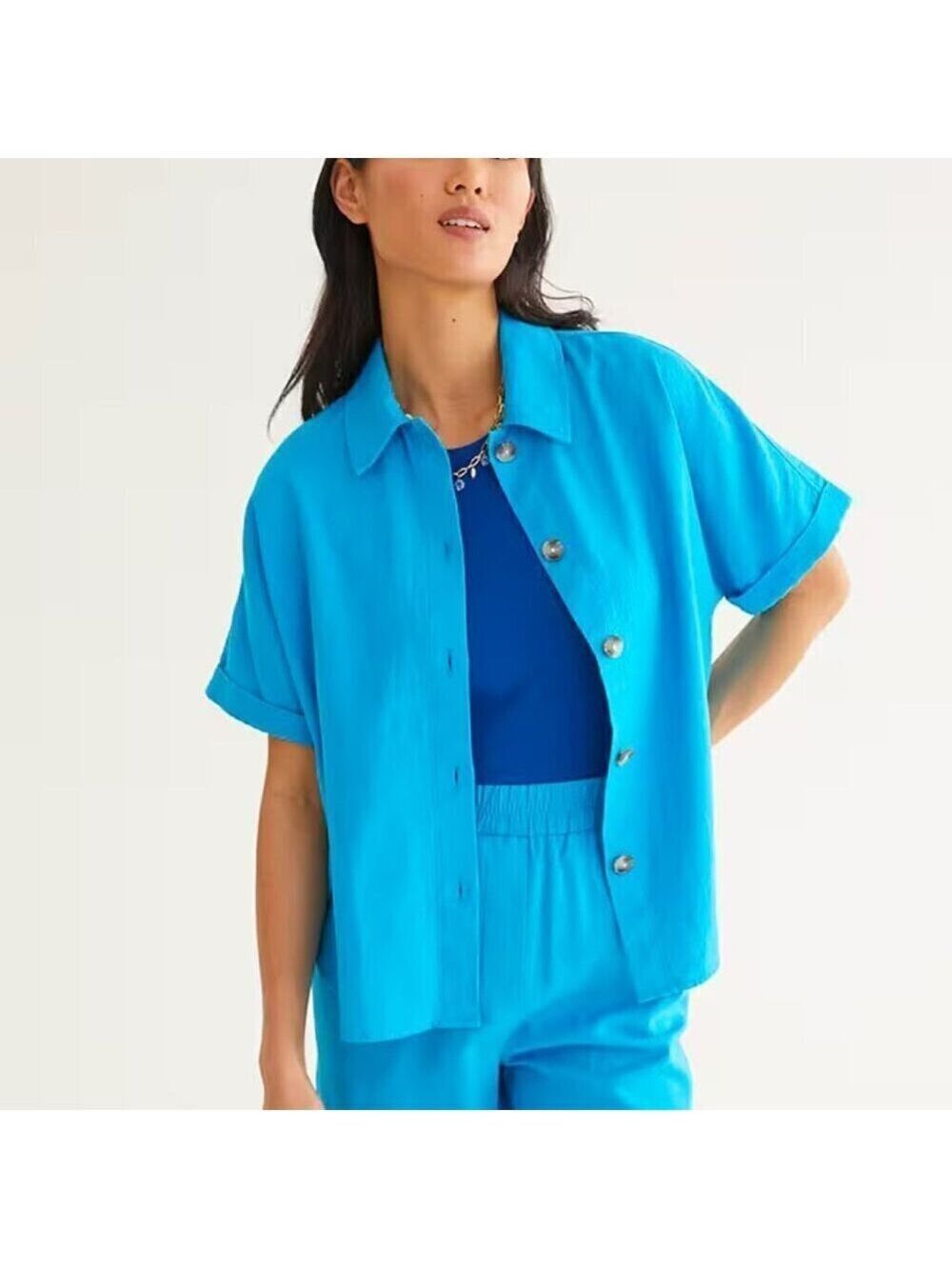 🐈Reitmans Linen Blend Button Up Blouse Blue S
